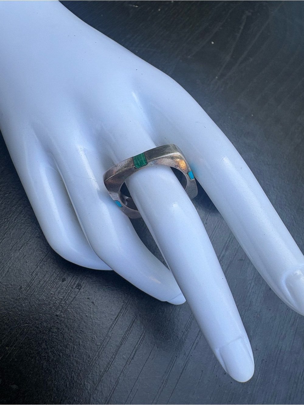 Square Mexico Silver Inlay Ring with Green and Turquoise Stones - Size 10.5
